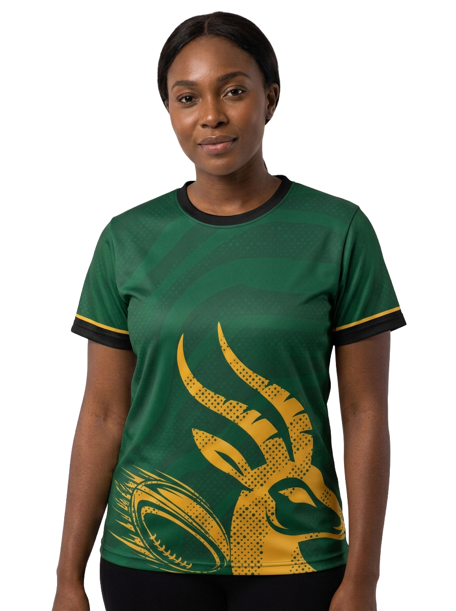 South African woman wearing a green and gold supporter crew-neck shirt