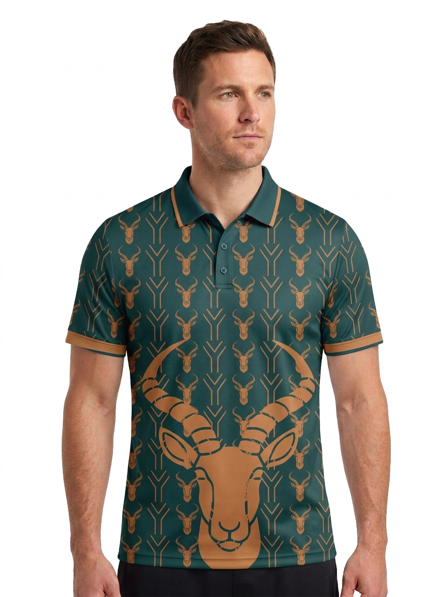 South African man wearing a green and gold supporter golf shirt